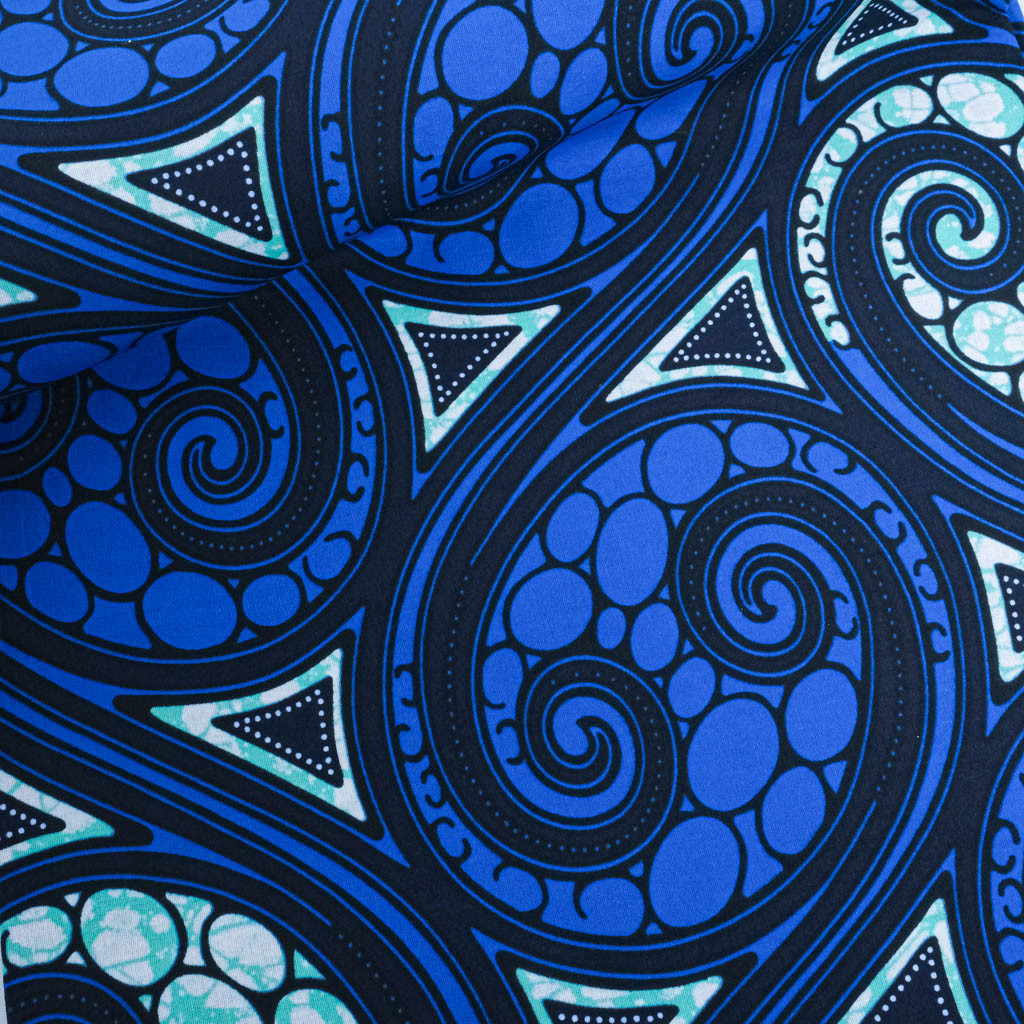Royal Blue Wax Fabric with Mint Green Pattern - Maison Klem
